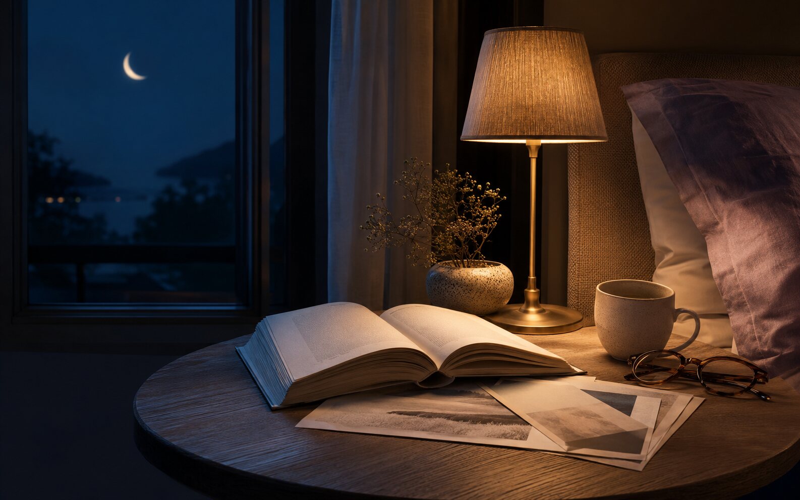 Livro aberto ao lado da cama em uma noite tranquila